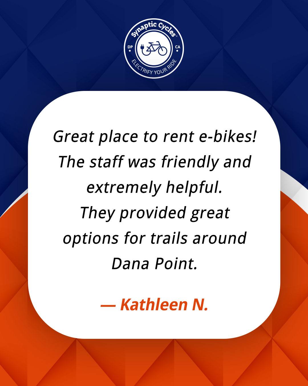 Nothing means more to us than hearing that riders had an amazing experience exploring Dana Point with Synaptic Cycles. 

From helping you choose the right eBike to recommending great local routes, our goal is to make every ride smooth, fun, and unforgettable from start to finish.
Thank you, Kathleen, for the kind words and for riding with us!

Ready to explore Dana Point on two wheels? Rent your eBike with Synaptic Cycles today.

SynapticCycles.com
📞 (949) 484-6409

#SynapticCycles #eBikeRentals #DanaPoint #CustomerReview #ExploreMore