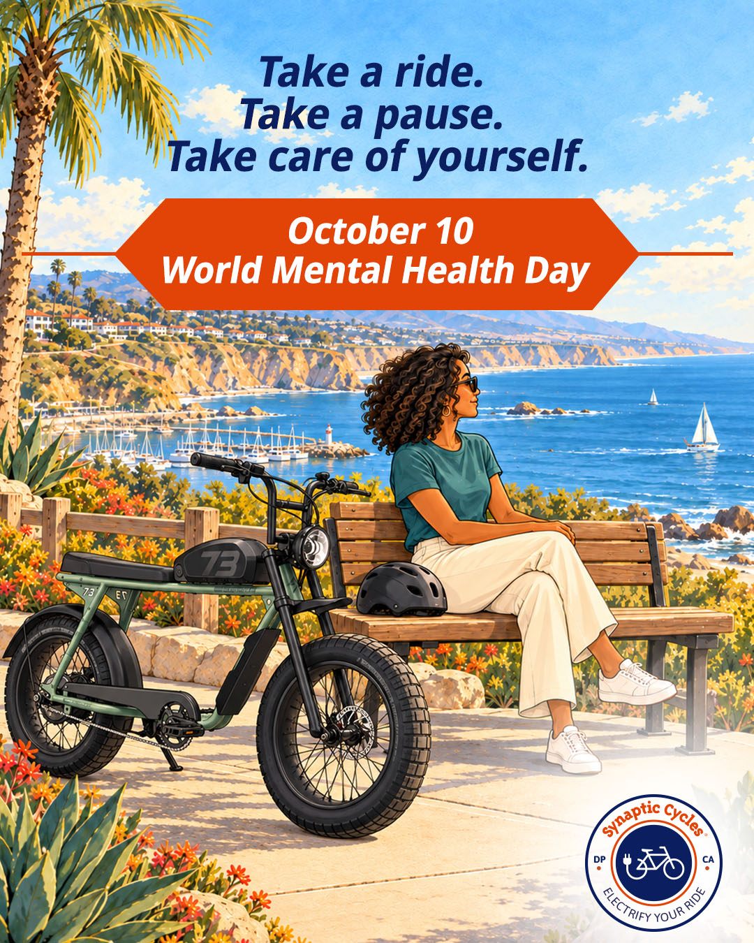 Sometimes the best reset is a little fresh air, a change of scenery, and time away from the everyday rush. 💙🚲

This World Mental Health Day, we’re celebrating the moments that give us space to recharge, reconnect, and simply enjoy the ride.

Wherever your wheels take you today, make a little time for yourself.

#SynapticCycles #WorldMentalHealthDay #MentalHealthMatters #RideElectric #eBikeLife #DanaPoint