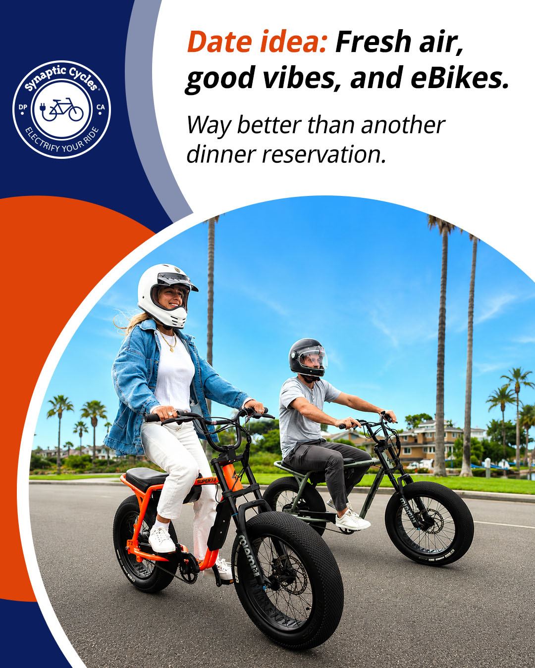 Skip the crowded restaurant and make the date an adventure instead. ❤️

Cruise the coast, discover new spots, and enjoy the kind of quality time that actually feels memorable.

eBikes turn a simple ride into something fun, effortless, and way more exciting than sitting across a table scrolling on your phones. 

Tag your favorite riding partner and plan your next adventure together.

SynapticCycles.com/contact-us/
📞 (949) 484-6409

#SynapticCycles #DateNightIdeas #eBikeAdventure #RideTogether #CoupleGoals #Super73