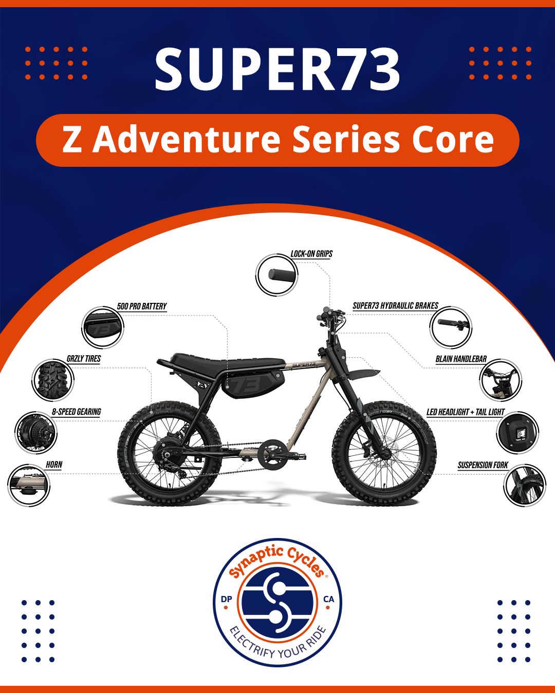 Just arrived! ⚡
The @super73 Z Adventure Series Core is off the pavement and into adventure! 🌲💨 With rugged tires, beefed-up suspension, UL2271 480 Wh pro battery, hydraulic brakes, and bold new colors, the Z Adventure Series Core is ready to get dirty. 
Shop today at SynapticCycles.com.
📍Dana Point | Test rides available daily 
#SynapticCycles #eBike #SUPER73 #ZAdventure #ZAdventureSeriesCore #DanaPoint