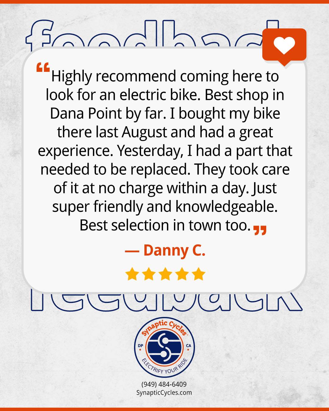 We love hearing from our amazing customers! You can count on Synaptic Cycles for top-notch service and quality eBikes.
➡️ 949-484-6409 | SynapticCycles.com

#eBike #Review #SynapticCycles #DanaPoint #eBikeShop