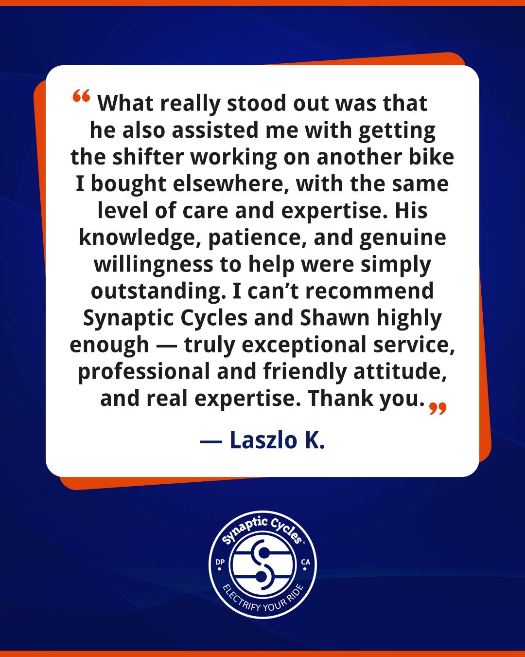 Your words keep our wheels turning! 🚴‍♂️ Thank you to all our amazing riders for sharing such fantastic reviews—we’re thrilled to be part of your cycling adventures. 💙 
📍Dana Point | Test rides available daily | SynapticCycles.com

#Grateful #SynapticCycles #Review #DanaPointeBike