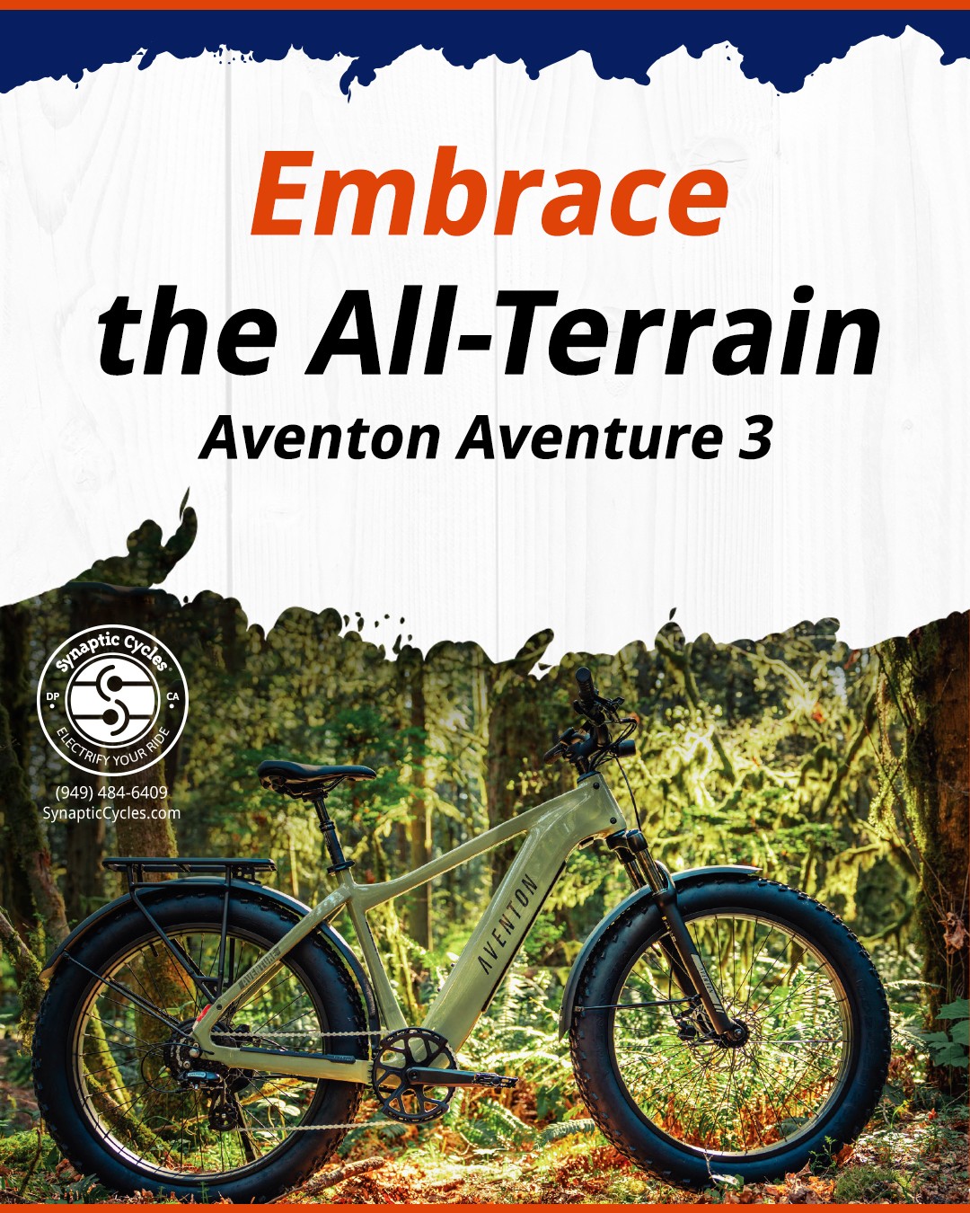 Your next adventure starts here! 🚵‍♀️ The Aventon Aventure 3 is the ultimate eBike for those who dare to explore. Combining rugged performance with cutting-edge technology, its 4” fat tires, suspension fork, and upgraded suspension seatpost mean you're ready to conquer any terrain with absolute ease.
Where will your Aventure 3 take you?
Test-ride it today at Synaptic Cycles! ➡️ 949-484-6409 | SynapticCycles.com
@aventon 

#eBike #Aventon #Aventure3 #NeweBike #SynapticCycles #DanaPoint