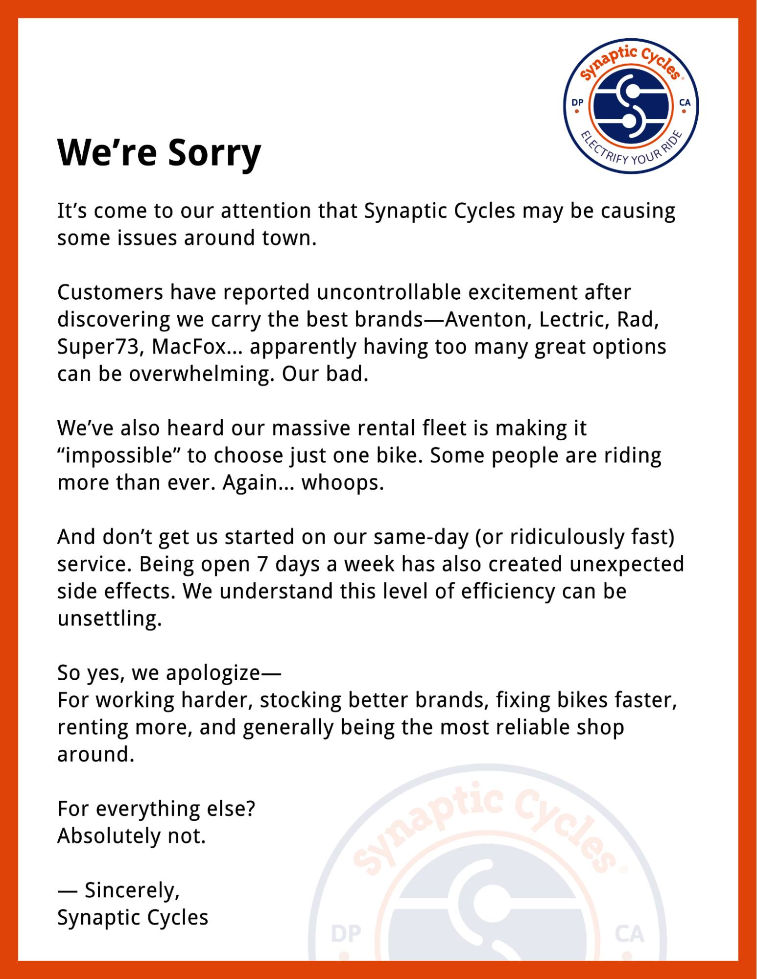 Sorry… we’re just out here doing what we do best. 🚲⚡

📍Dana Point | Test rides available daily | SynapticCycles.com

#SynapticCycles #ElectricBike #eBike #DanaPoint #CaliforniaeBike #SorryNotSorry