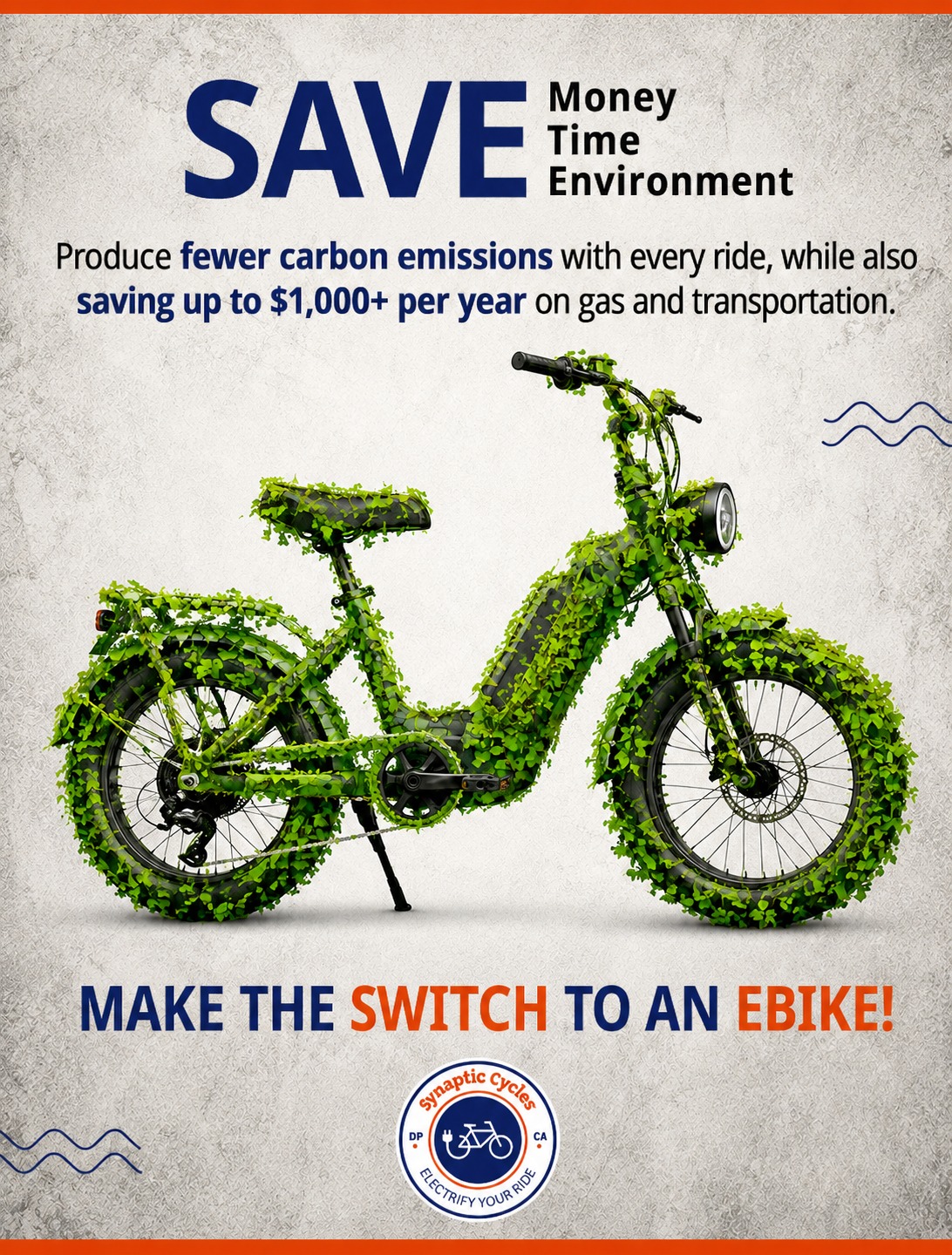 Save money. Save time. Save emissions.

An eBike isn't just another way to get around—it's a smarter way to handle the everyday trips you already make.

Charge for pennies, skip the gas station, spend less on parking, and leave a lighter footprint. You could save up to $1,000+ per year on transportation.

🌐 SynapticCycles.com

#SynapticCycles #GoGreen #EBikeSavings #SustainableLiving #CarFreeCommute #RideMoreDriveLess