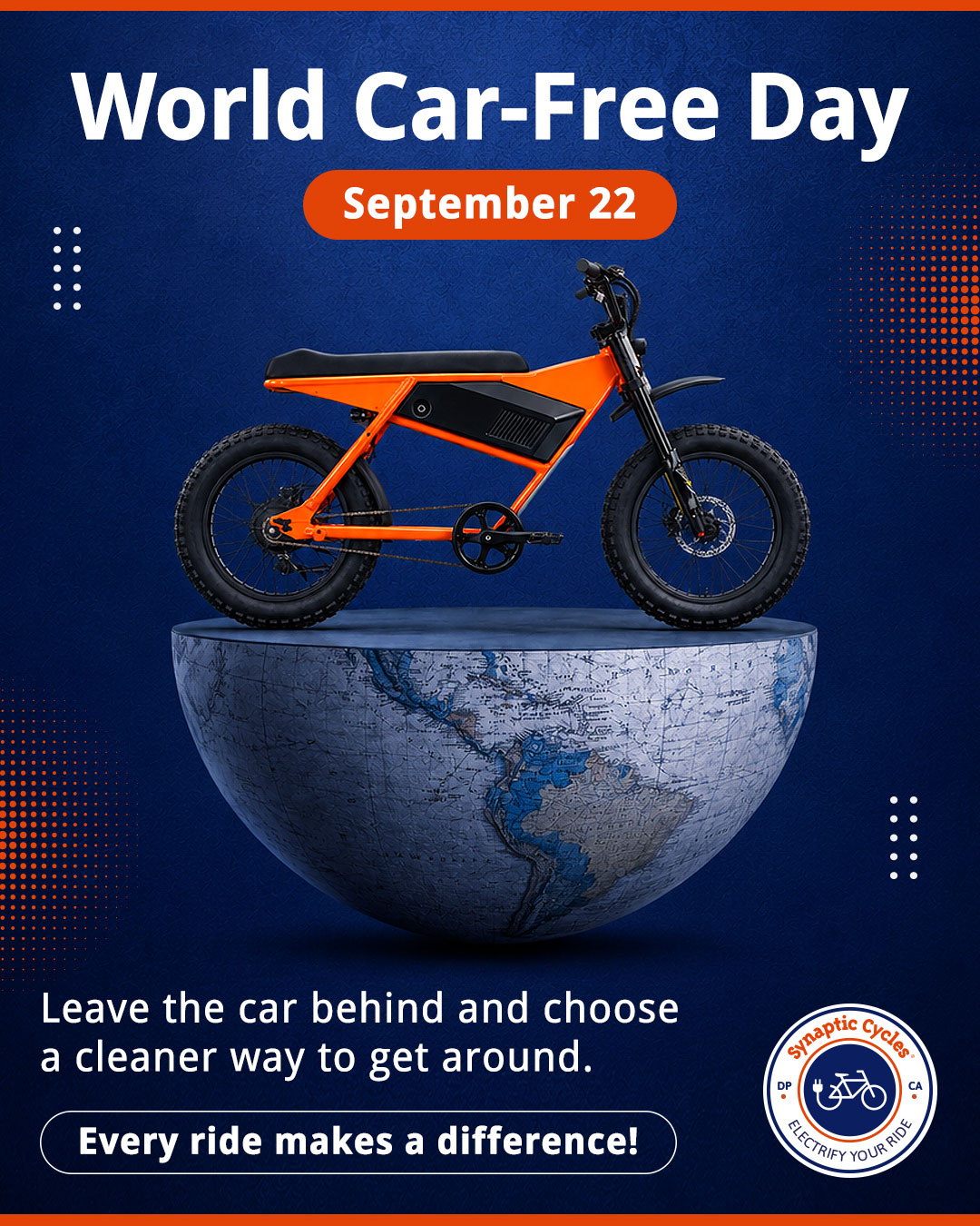 One car-free day could change the way you think about your daily commute!

Make September 22 your excuse to try something different. You might just find yourself reaching for an eBike instead of the car long after Car-Free Day is over. 🌱

Not sure which eBike is right for your route? Visit our website or talk to our team:

SynapticCycles.com
📞 (949) 484-6409

#SynapticCycles #CarFreeDay #EBikeCommute #DanaPoint #SustainableTransport #ElectrifyYourRide